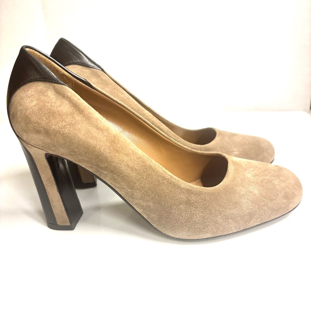 Vintage Hermes Paris Pumps Suede Taupe Heels with Black Leather Contrast - Picture 2 of 10